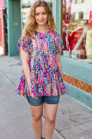 Femme' Fuchsia & Navy Floral Ruffle Hem Tiered Top - Coeur de la Mode