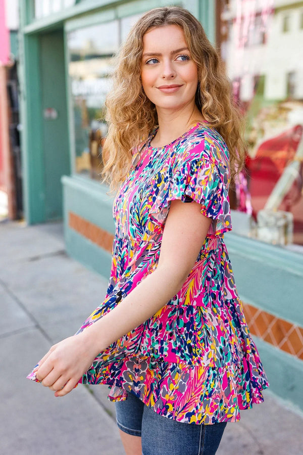 Femme' Fuchsia & Navy Floral Ruffle Hem Tiered Top - Coeur de la Mode