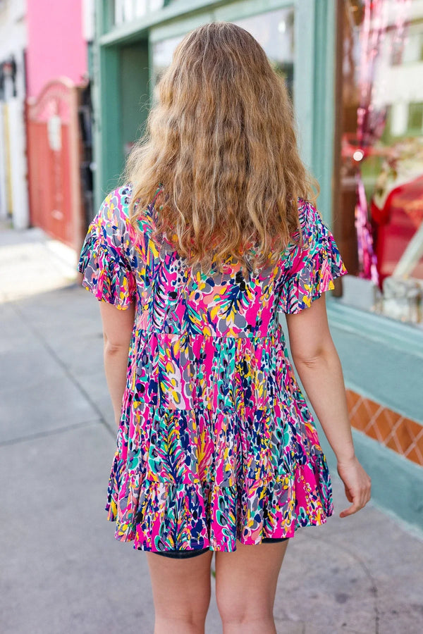 Femme' Fuchsia & Navy Floral Ruffle Hem Tiered Top - Coeur de la Mode