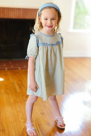 Kids Charming Blue Gingham Elastic Tie Sleeve Dress - Coeur de la Mode