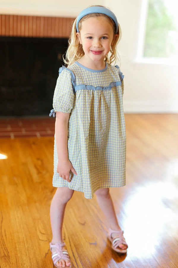 Kids Charming Blue Gingham Elastic Tie Sleeve Dress - Coeur de la Mode