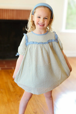 Kids Charming Blue Gingham Elastic Tie Sleeve Dress - Coeur de la Mode