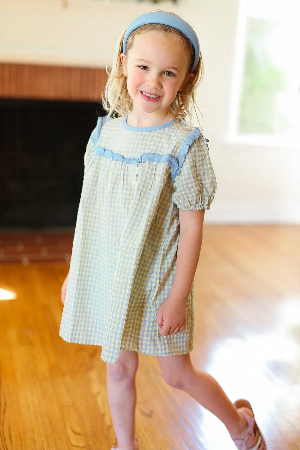 Kids Charming Blue Gingham Elastic Tie Sleeve Dress - Coeur de la Mode