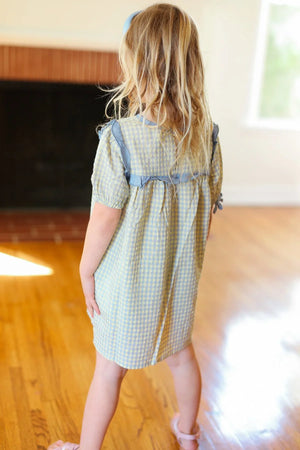 Kids Charming Blue Gingham Elastic Tie Sleeve Dress - Coeur de la Mode