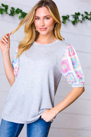 Grey Floral Crochet Print Puff Sleeve Top - Coeur de la Mode