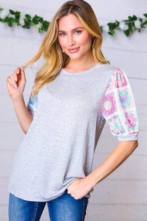 Grey Floral Crochet Print Puff Sleeve Top - Coeur de la Mode