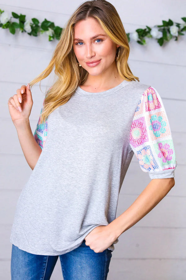 Grey Floral Crochet Print Puff Sleeve Top - Coeur de la Mode