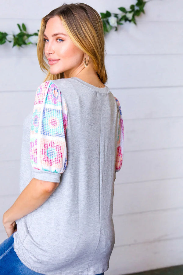 Grey Floral Crochet Print Puff Sleeve Top - Coeur de la Mode