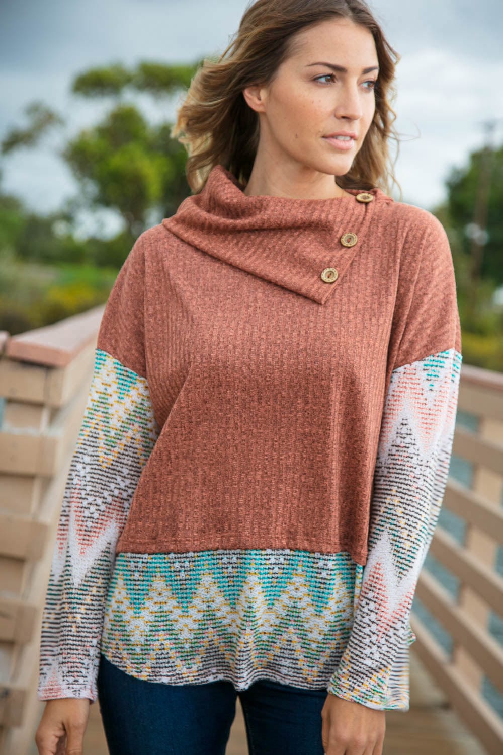 Two Tone Brush Hacci Ethnic Turtleneck Top - Coeur de la Mode