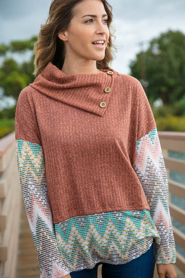 Two Tone Brush Hacci Ethnic Turtleneck Top - Coeur de la Mode