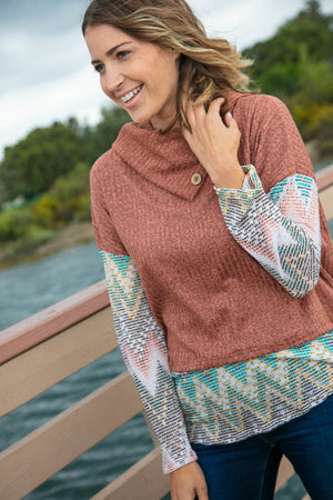 Two Tone Brush Hacci Ethnic Turtleneck Top - Coeur de la Mode