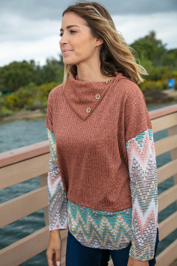 Two Tone Brush Hacci Ethnic Turtleneck Top - Coeur de la Mode