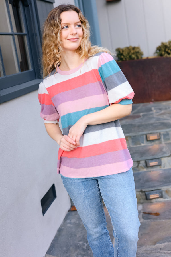Look Out Teal & Rose Striped Hacci Knit Puff Sleeve Top - Coeur de la Mode