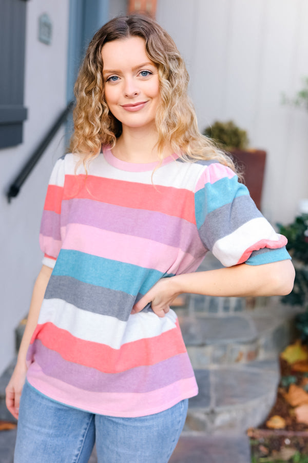 Look Out Teal & Rose Striped Hacci Knit Puff Sleeve Top - Coeur de la Mode