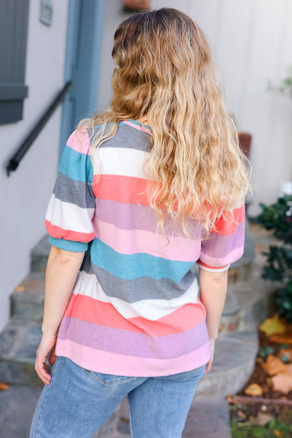 Look Out Teal & Rose Striped Hacci Knit Puff Sleeve Top - Coeur de la Mode