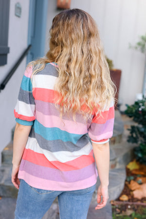 Look Out Teal & Rose Striped Hacci Knit Puff Sleeve Top - Coeur de la Mode