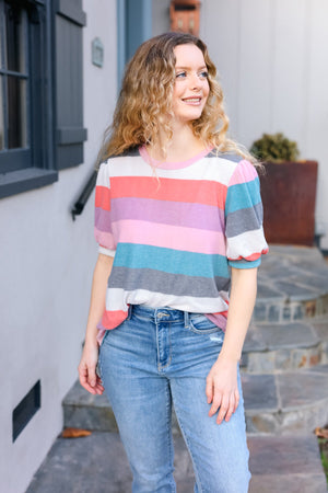 Look Out Teal & Rose Striped Hacci Knit Puff Sleeve Top - Coeur de la Mode