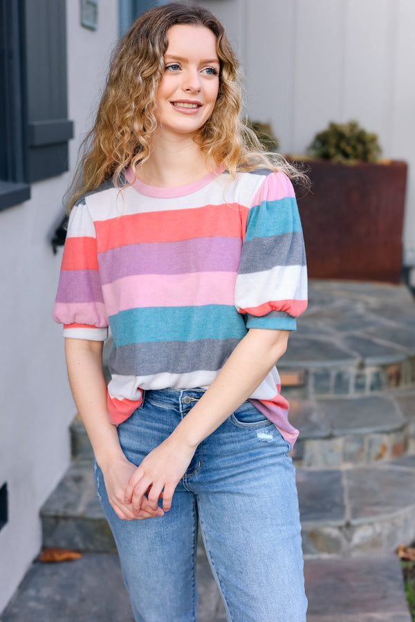 Look Out Teal & Rose Striped Hacci Knit Puff Sleeve Top - Coeur de la Mode