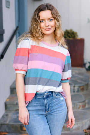 Look Out Teal & Rose Striped Hacci Knit Puff Sleeve Top - Coeur de la Mode