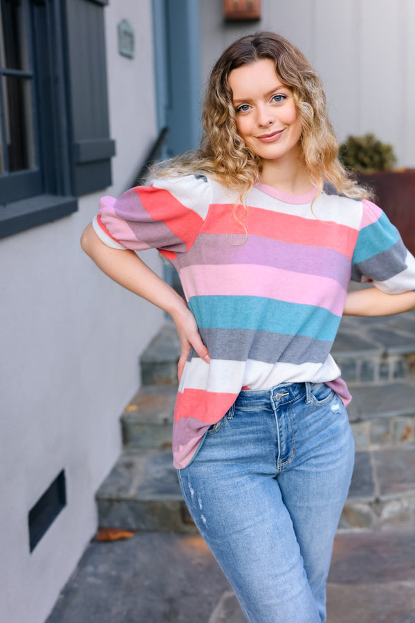 Look Out Teal & Rose Striped Hacci Knit Puff Sleeve Top - Coeur de la Mode