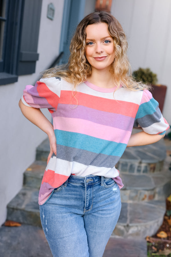 Look Out Teal & Rose Striped Hacci Knit Puff Sleeve Top - Coeur de la Mode