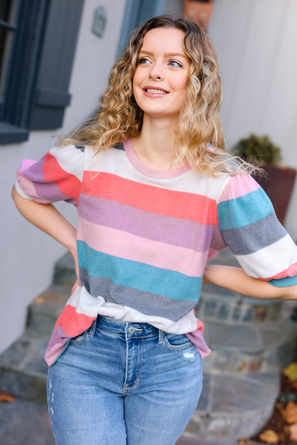 Look Out Teal & Rose Striped Hacci Knit Puff Sleeve Top - Coeur de la Mode