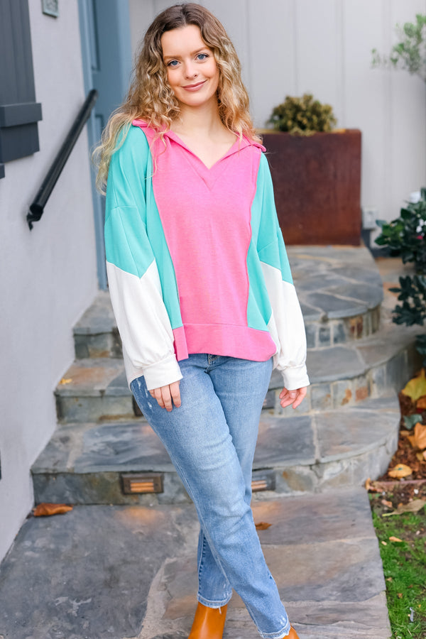 Stand Out Hot Pink & Mint V Neck Collared Terry Color Block Top - Coeur de la Mode