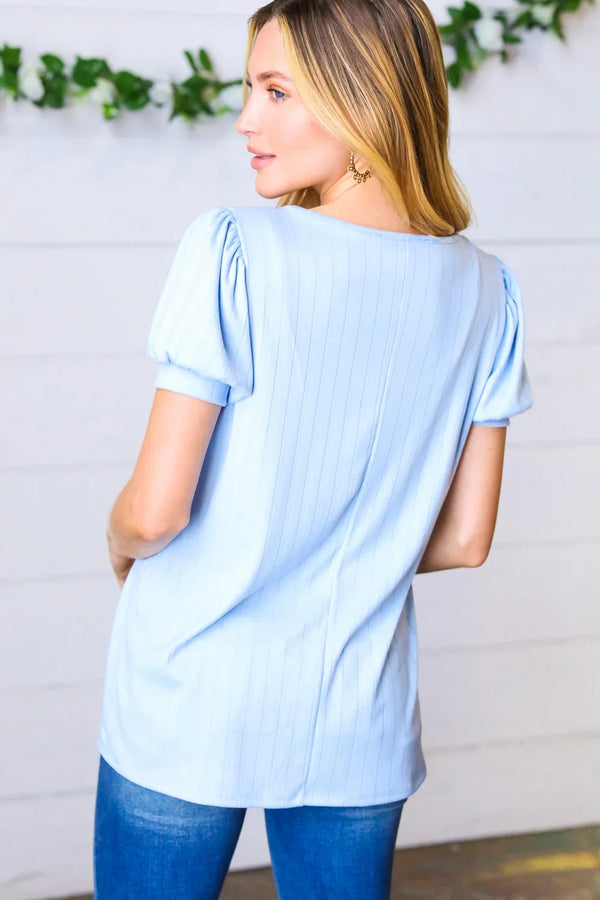 Light Blue Wide Rib Puff Sleeve Top - Coeur de la Mode