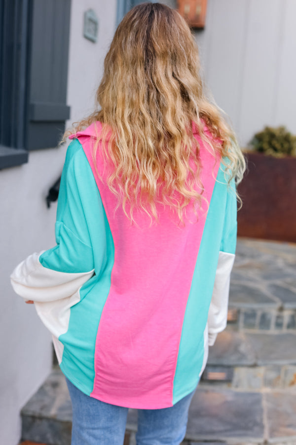 Stand Out Hot Pink & Mint V Neck Collared Terry Color Block Top - Coeur de la Mode