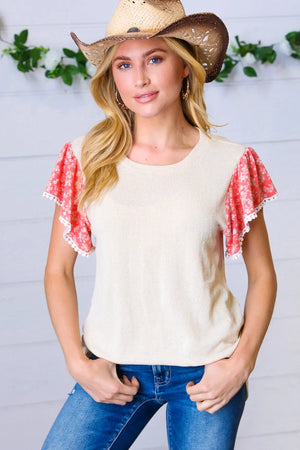 Coral & Sand Floral Short Flutter Sleeve Top - Coeur de la Mode