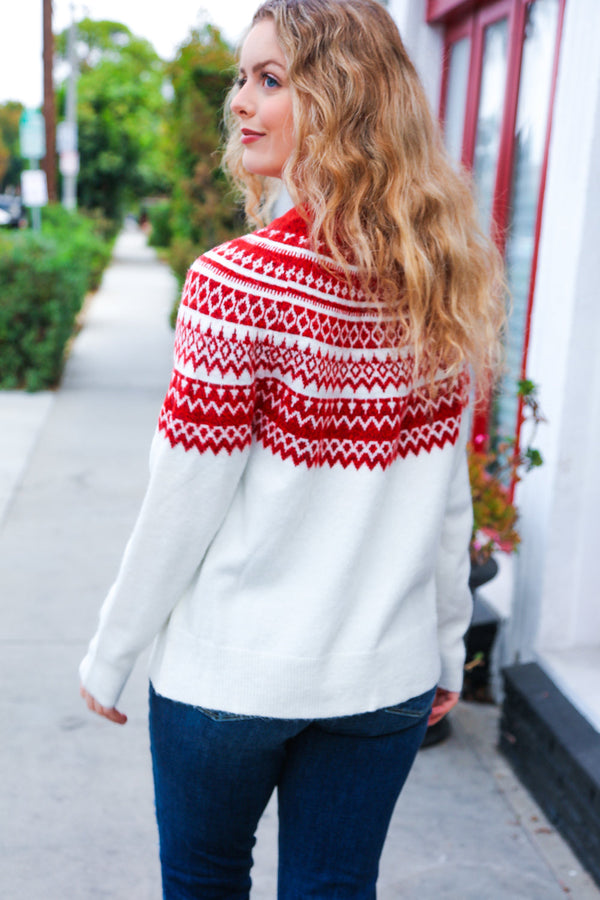 Feeling Festive Ivory & Red Fair Isle Mock Neck Sweater - Coeur de la Mode