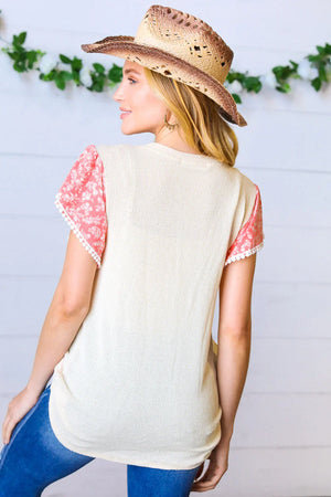 Coral & Sand Floral Short Flutter Sleeve Top - Coeur de la Mode