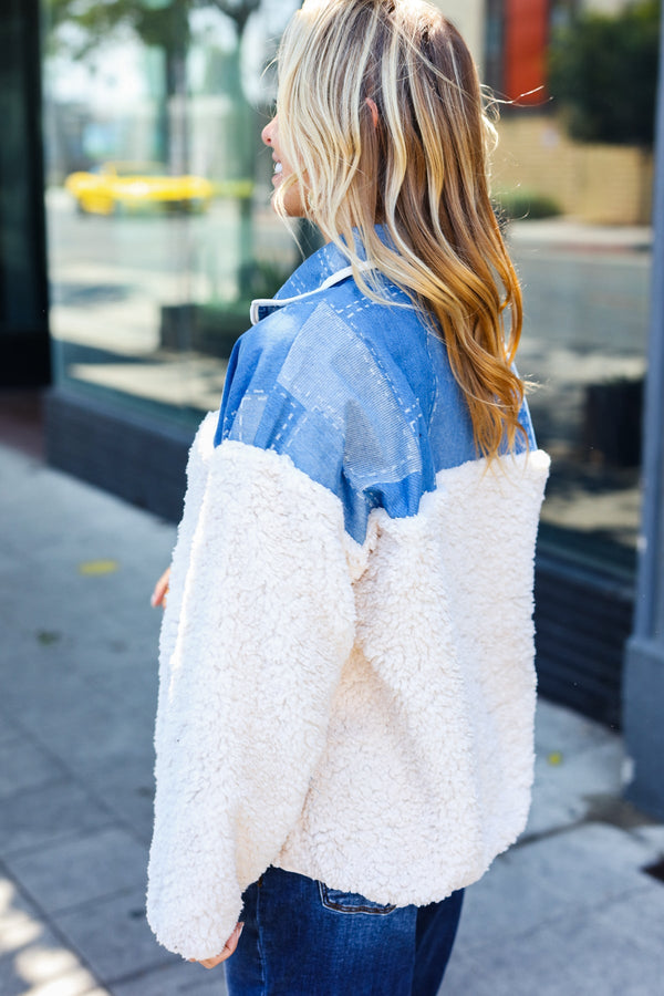 Good Vibes Denim & Ivory Patchwork Sherpa Half Zip Pullover - Coeur de la Mode