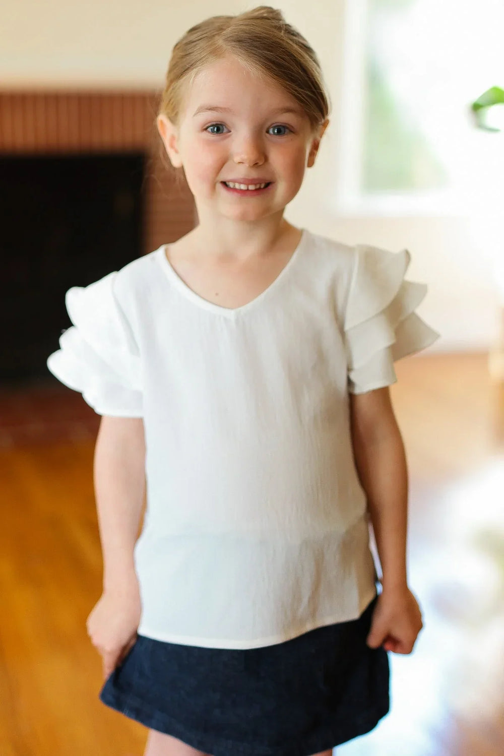 Kids Lovable Linen Feel V Neck Ruffle Sleeve Top - Coeur de la Mode