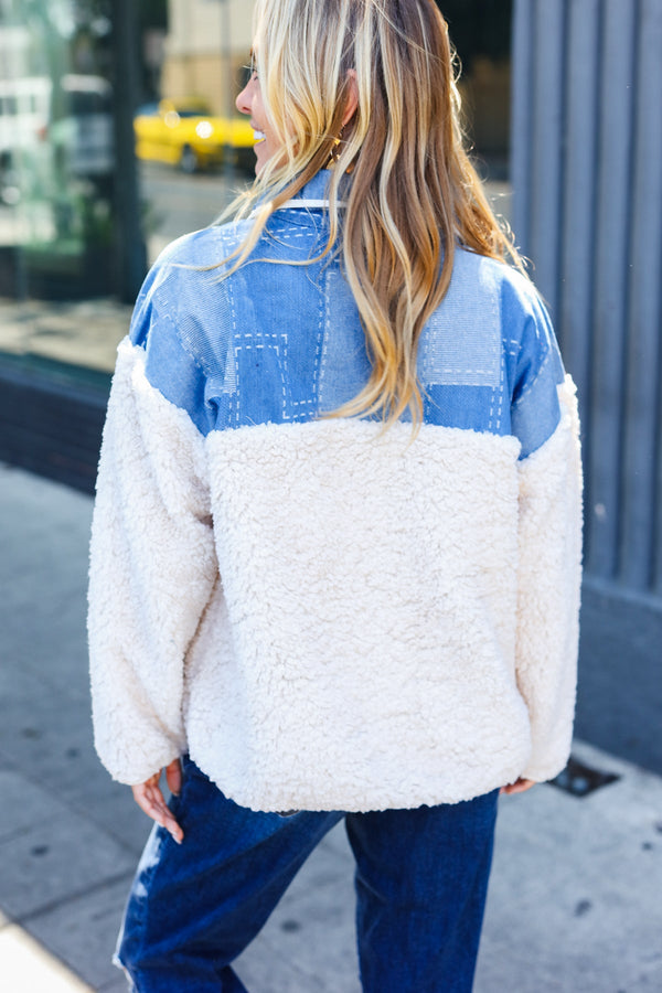 Good Vibes Denim & Ivory Patchwork Sherpa Half Zip Pullover - Coeur de la Mode