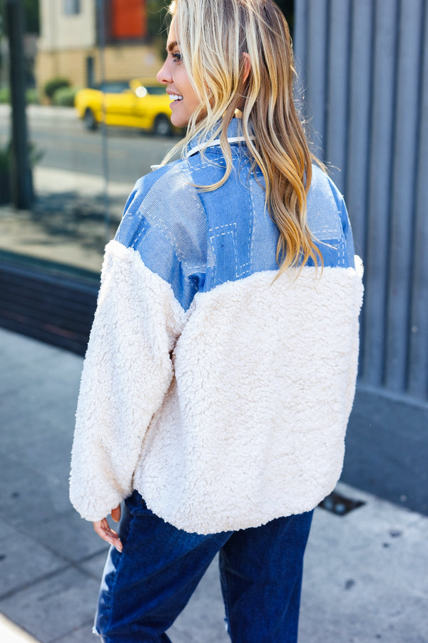 Good Vibes Denim & Ivory Patchwork Sherpa Half Zip Pullover - Coeur de la Mode