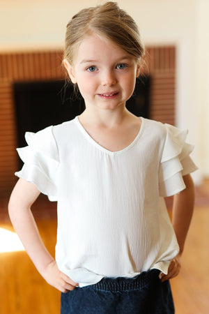 Kids Lovable Linen Feel V Neck Ruffle Sleeve Top - Coeur de la Mode