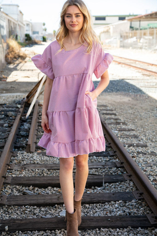 Red Ruffle Tiered Gingham Cotton Pocketed Dress - Coeur de la Mode
