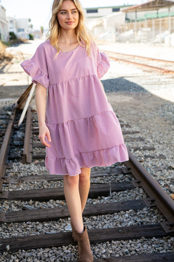 Red Ruffle Tiered Gingham Cotton Pocketed Dress - Coeur de la Mode