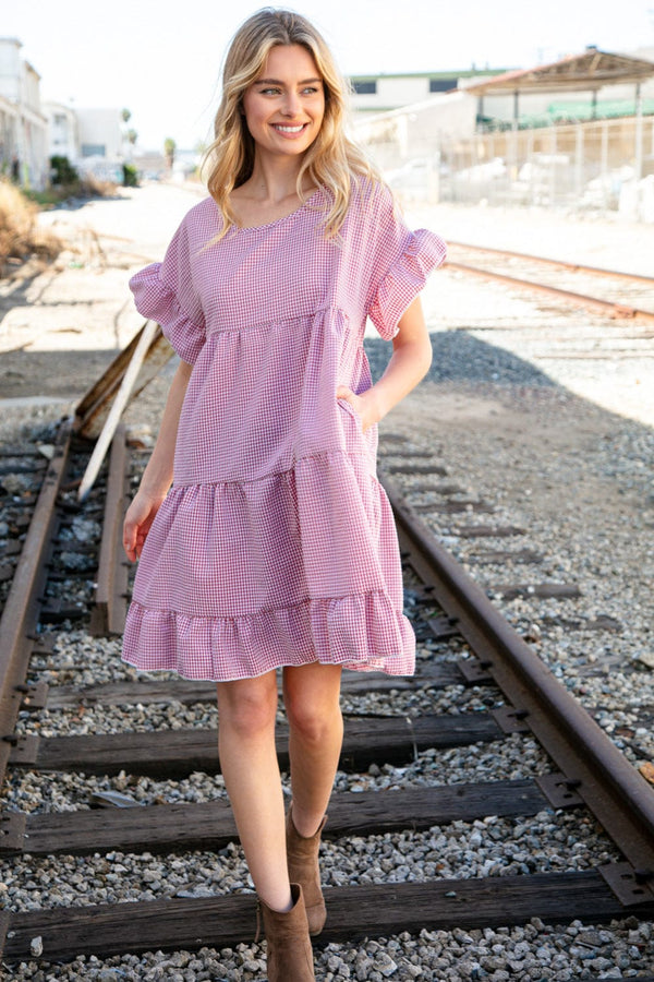 Red Ruffle Tiered Gingham Cotton Pocketed Dress - Coeur de la Mode