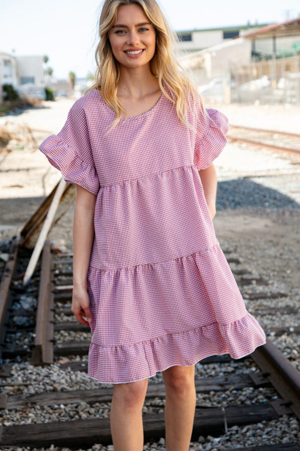 Red Ruffle Tiered Gingham Cotton Pocketed Dress - Coeur de la Mode