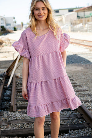 Red Ruffle Tiered Gingham Cotton Pocketed Dress - Coeur de la Mode