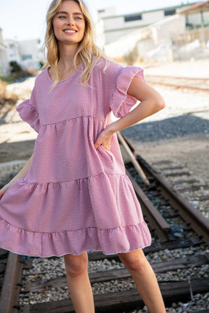 Red Ruffle Tiered Gingham Cotton Pocketed Dress - Coeur de la Mode