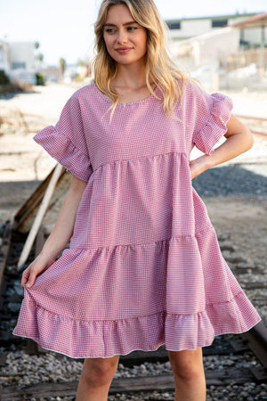 Red Ruffle Tiered Gingham Cotton Pocketed Dress - Coeur de la Mode