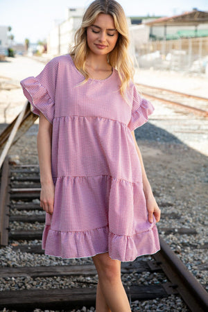 Red Ruffle Tiered Gingham Cotton Pocketed Dress - Coeur de la Mode