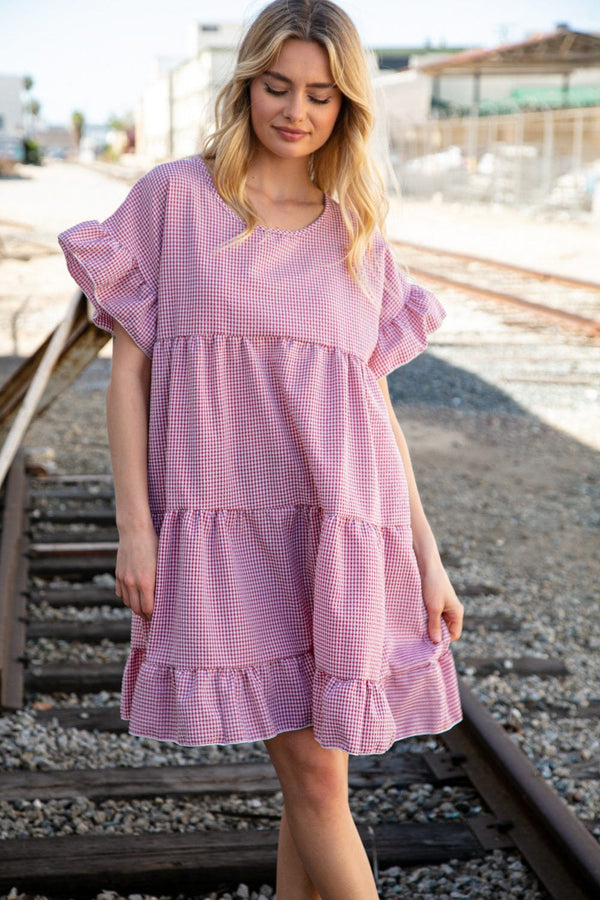 Red Ruffle Tiered Gingham Cotton Pocketed Dress - Coeur de la Mode