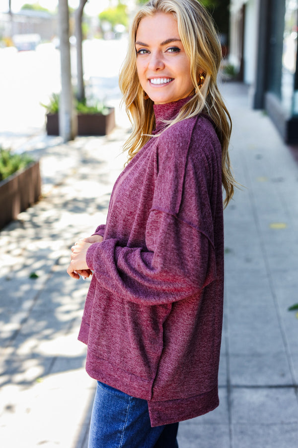 Weekend Ready Burgundy Brushed Mélange Mock Neck Sweater - Coeur de la Mode