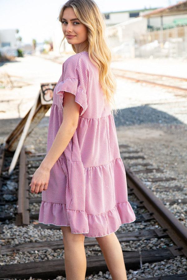 Red Ruffle Tiered Gingham Cotton Pocketed Dress - Coeur de la Mode