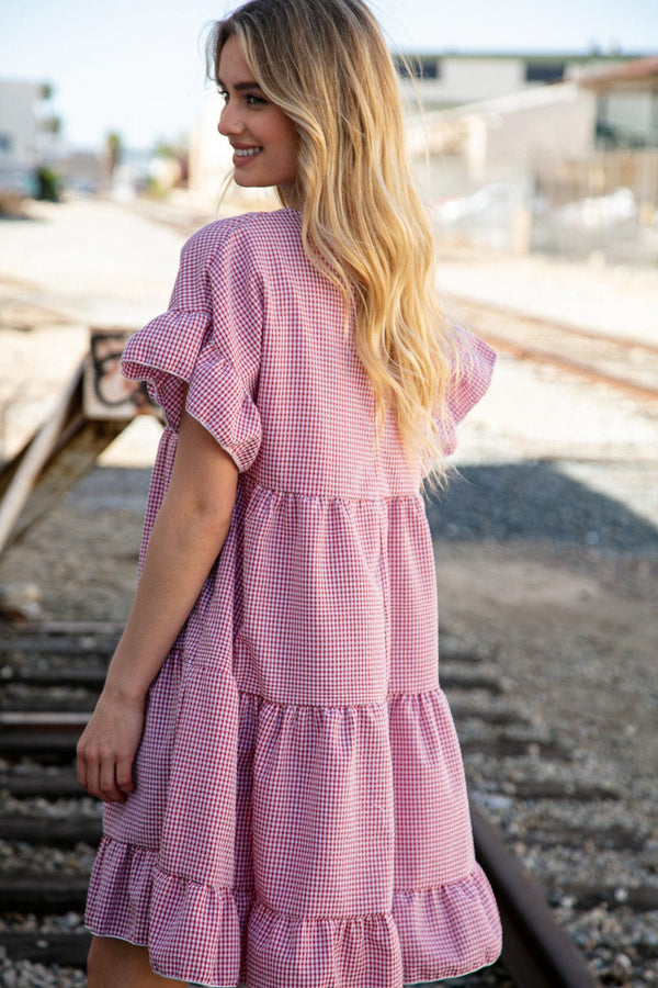 Red Ruffle Tiered Gingham Cotton Pocketed Dress - Coeur de la Mode