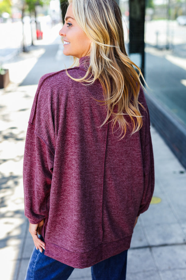 Weekend Ready Burgundy Brushed Mélange Mock Neck Sweater - Coeur de la Mode